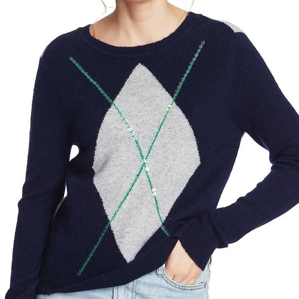 Court & Rowe Pullover Sweater Stretch Argyle Grey Blue Medium Merino Wool NEW